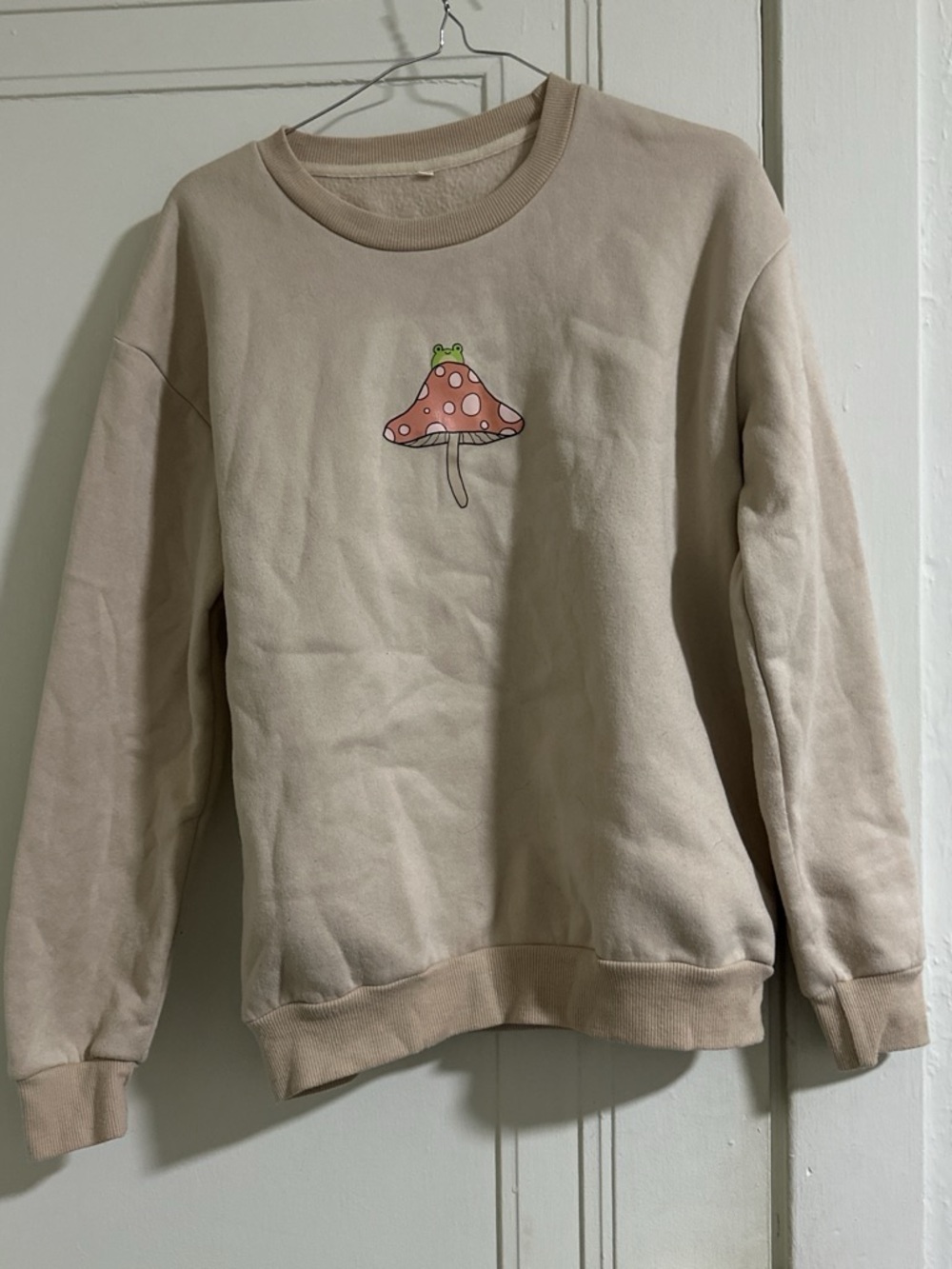 SHEIN Beige Crewneck Sweatshirt with Pink Mushroom Graphic